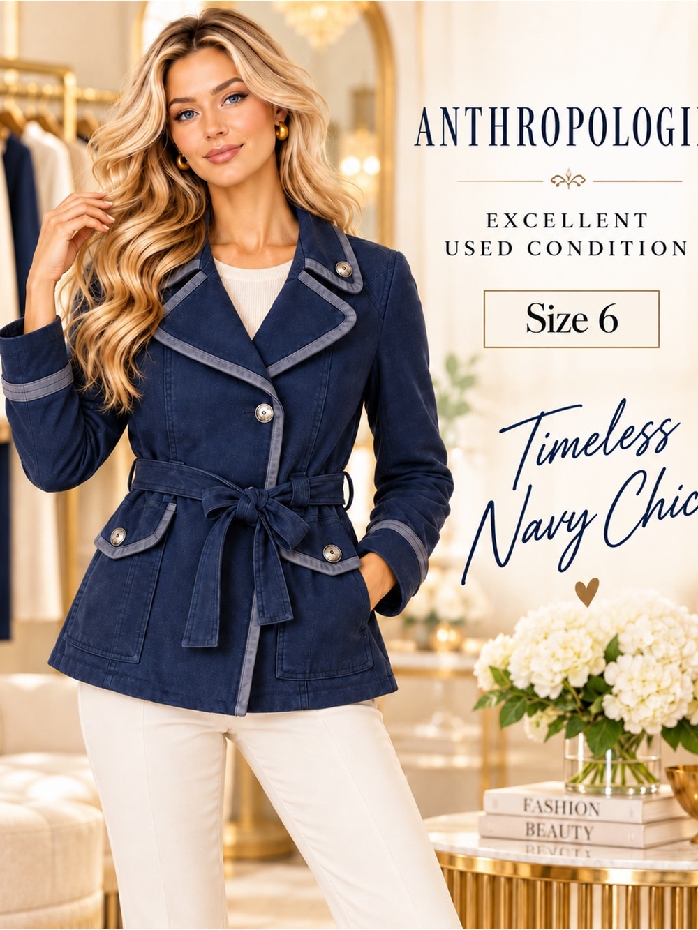 Anthropologie navy belted jacket contrast trim size 6 classic chic